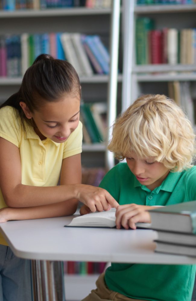 two-hard-working-classmates-doing-their-homework-library two-hard-working-classmates-doing-their-homework-library